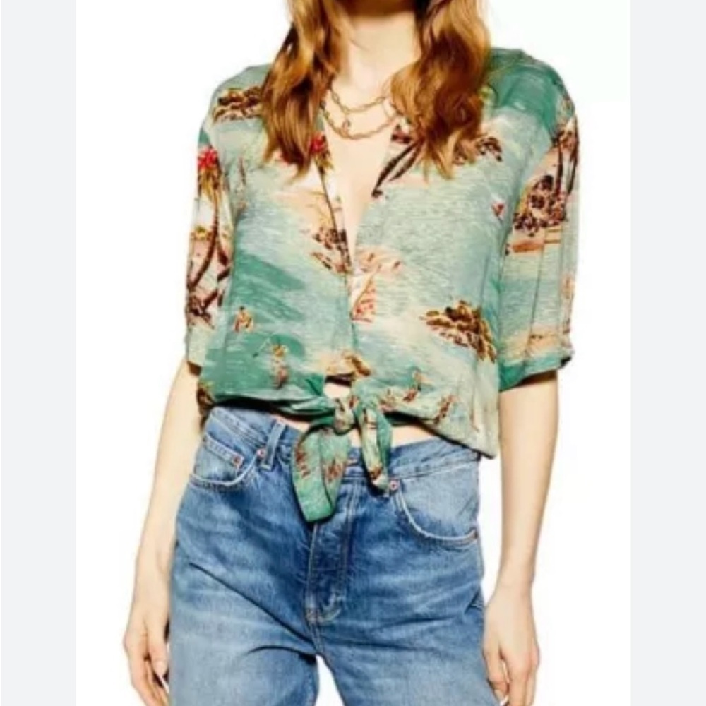 Topshop Hawaiian Short Sleeve Tie-Front Blouse